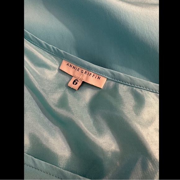 ANNIE GRIFFIN Charlotte One Shoulder Dress Turquoise Aqua Blue 100% Silk Ruffle - Picture 8 of 10